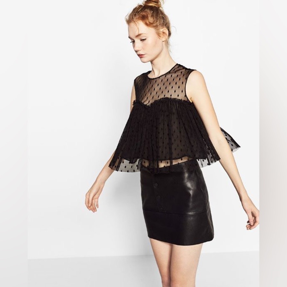 Zara Trafaluc Black Swiss Dot Mesh Tiered Top XS Blogger Favorite Archive Rare